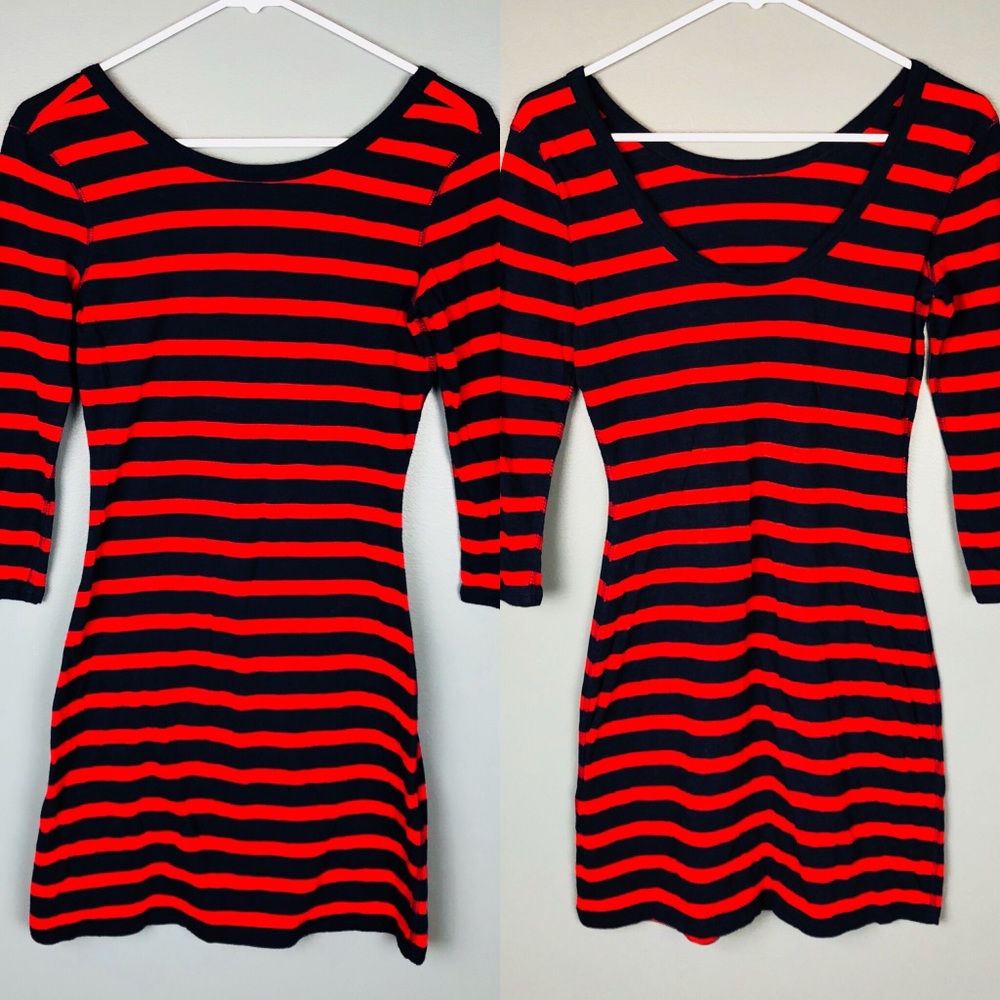Express cotton red and navy blue stripe dress, a23 - Picture 1 of 5